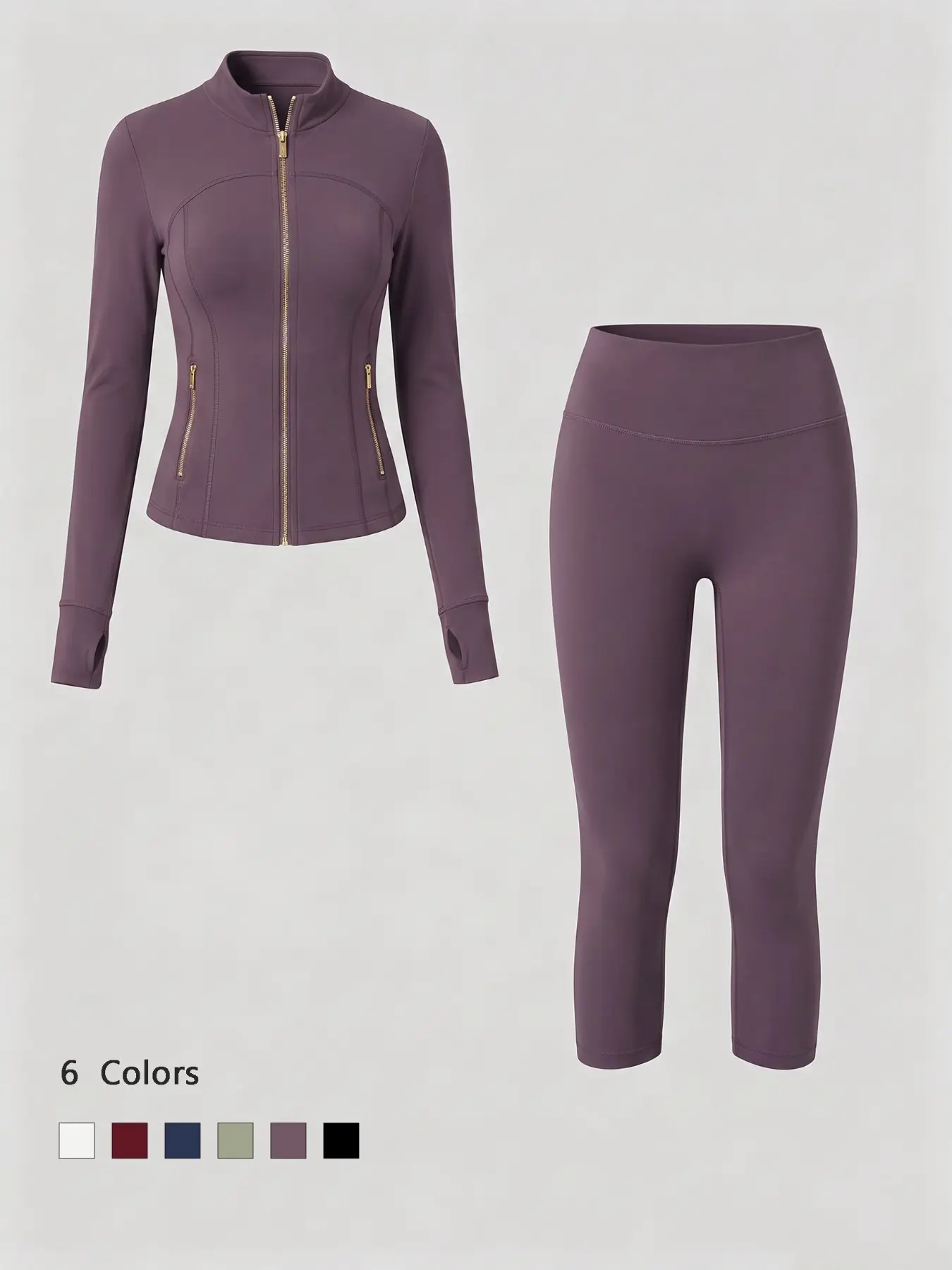 4716Early Fall Sporty Casual Two-Piece Set, Stand Collar Full Zip Fitted Jacket and Tight Pants, Zipper Thumb Loop Sleeves