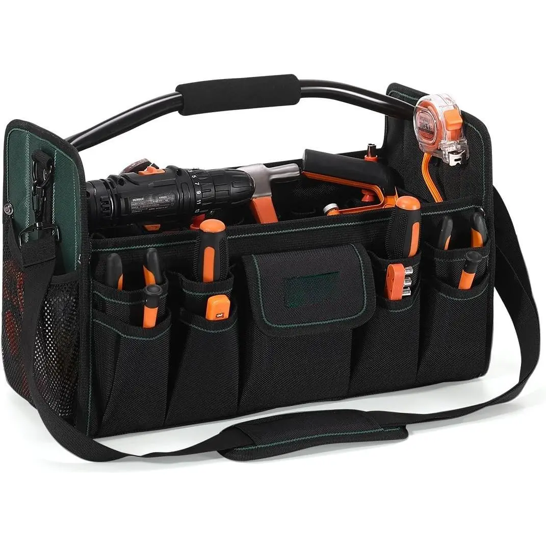 17 Inch Tool Bag,Electrician Tool Bags,Heavy Duty Open Top Tool Tote,31 Pocket Tool Box Organizer with Stainless Steel Handle & Adjustable  Strap, Black/Green