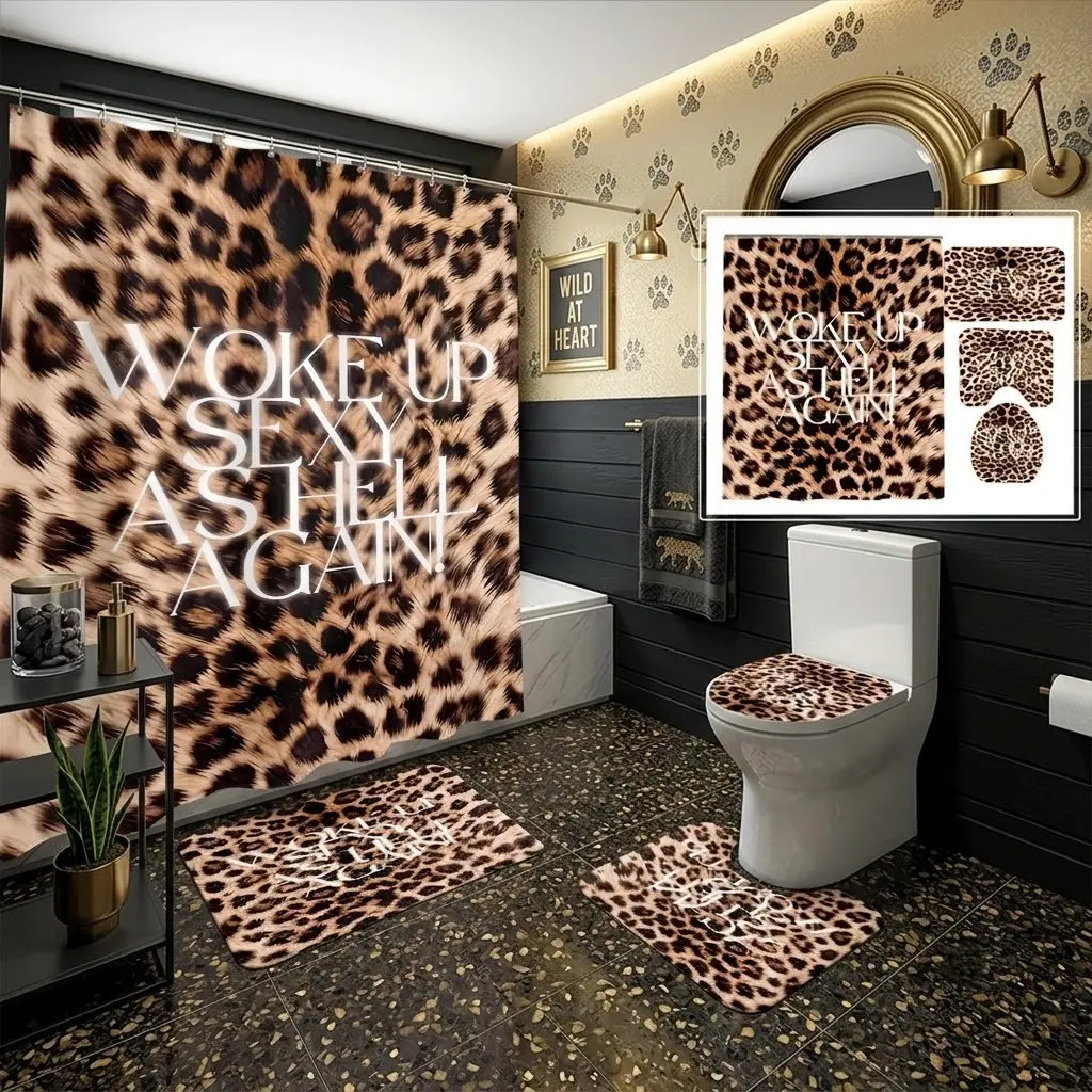 4pcs Classic Leopard Print Sassy Slogan Bathroom Aesthetic Shower Curtain Set, Retro Animal Fur Text Letter Print,The floor mat fabric is thicker and softer!  Edgy Glam Decor for Home Bath Makeover