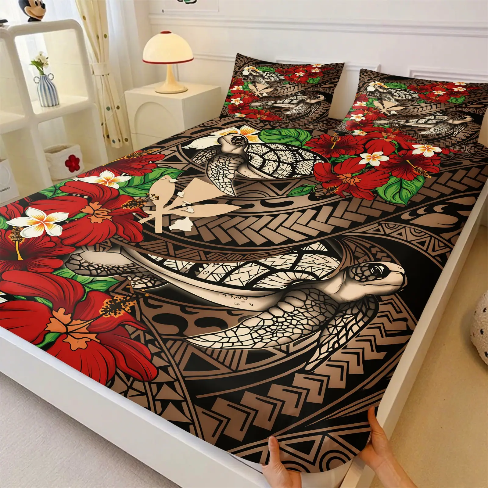 Polynesian Tribal Sea Turtle Theme 3 Pieces Fitted Sheet Set, Vintage Black Brown Geometric Tribal Pattern with Hibiscus & Plumeria Flowers Full Print Bedding, Floral Sheets, Soft Breathable Polyester Fabric, Tropical Island Bedroom Decor