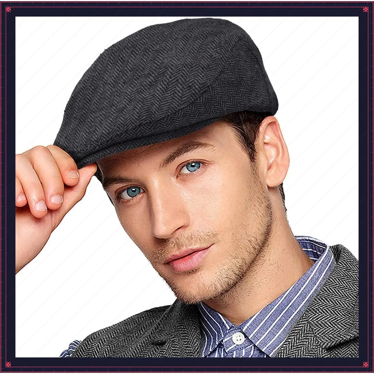 Herringbone Flat Ivy Newsboy Cap for Men 1920s Wool Blend Tweed Cabbie Hat | Adjustable, Satin Lining, 20s Accessories, Autumn Winter Warm Classic Retro Irish Scally Cap, Hunting, Fishing, Driving S-XXLGift