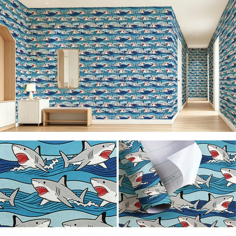 American Graffiti Style Shark Pattern Wallpaper, PVC Material, Peel and Stick, Kitchen/living Room/bedroom Decor, Mould-Proof, Repeat Design