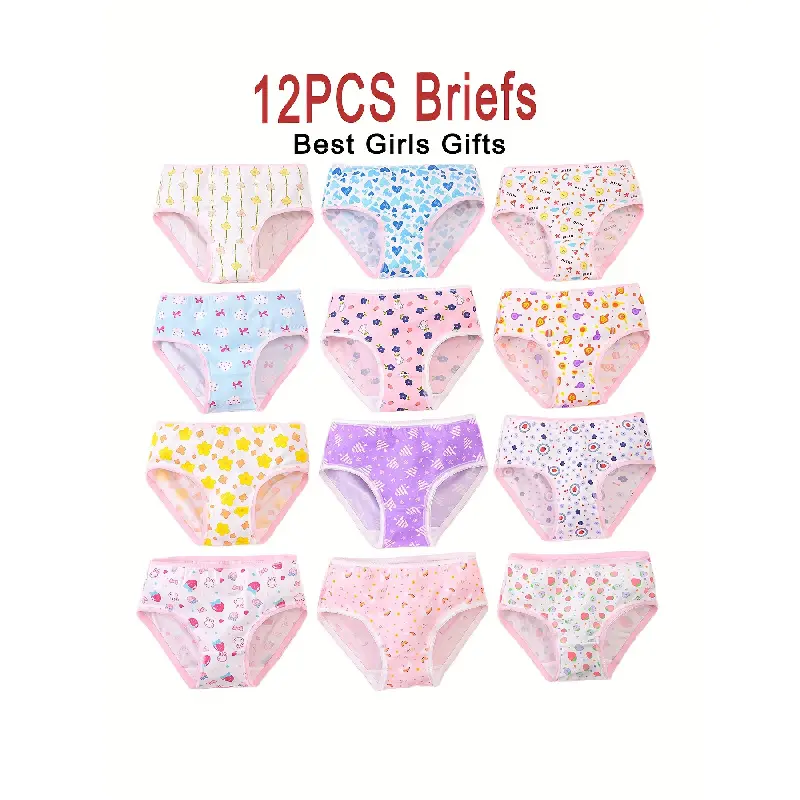 12-pack girls' triangle panties, soft, comfortable, and stylish children's underwear, cute printed casual undergarments