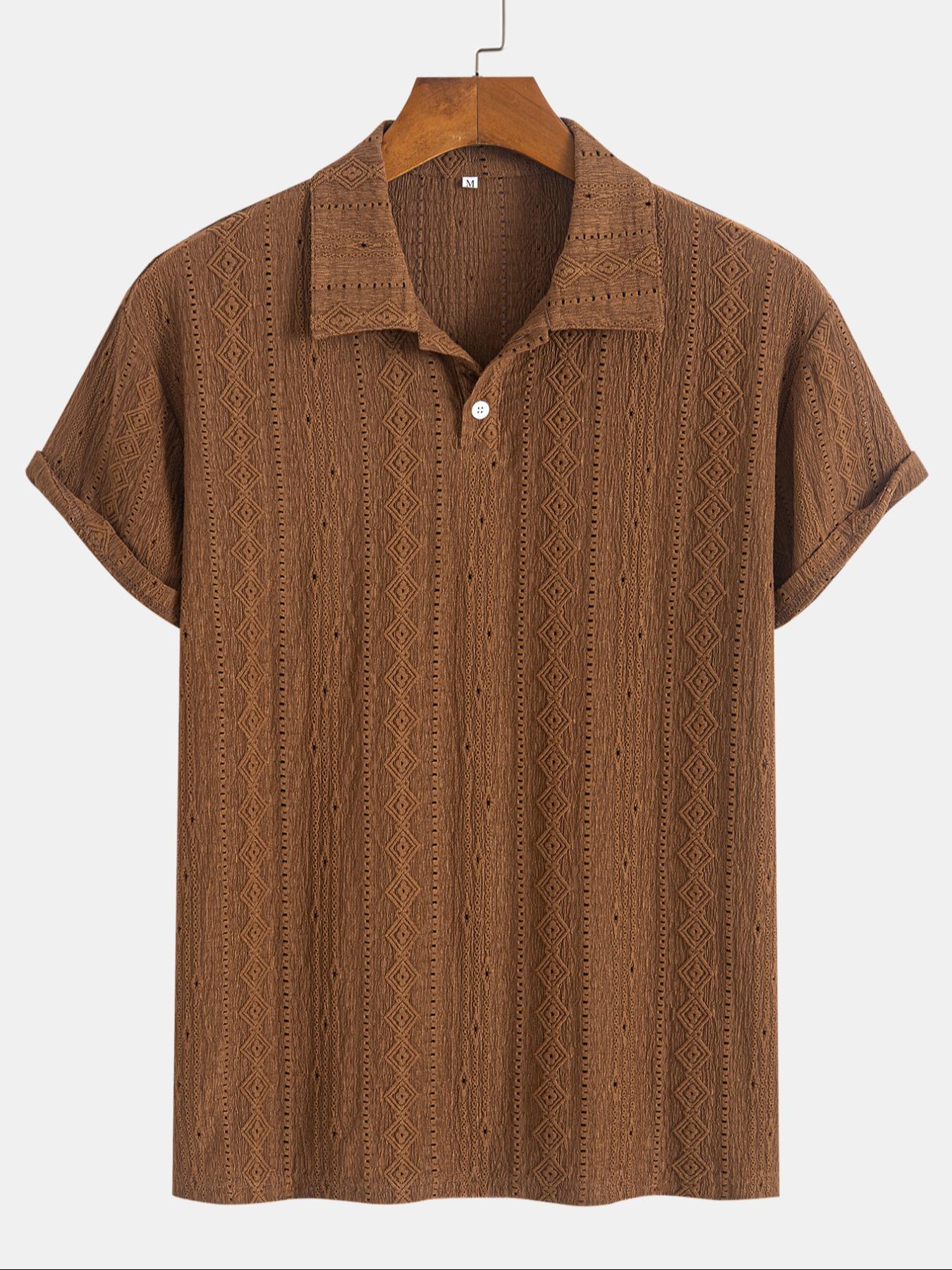 Men's Solid Jacquard Button Polo Shirt, Regular Fit Casual Short Sleeve Polo Top for Summer, Fashion Men's Clothes for Daily Wear