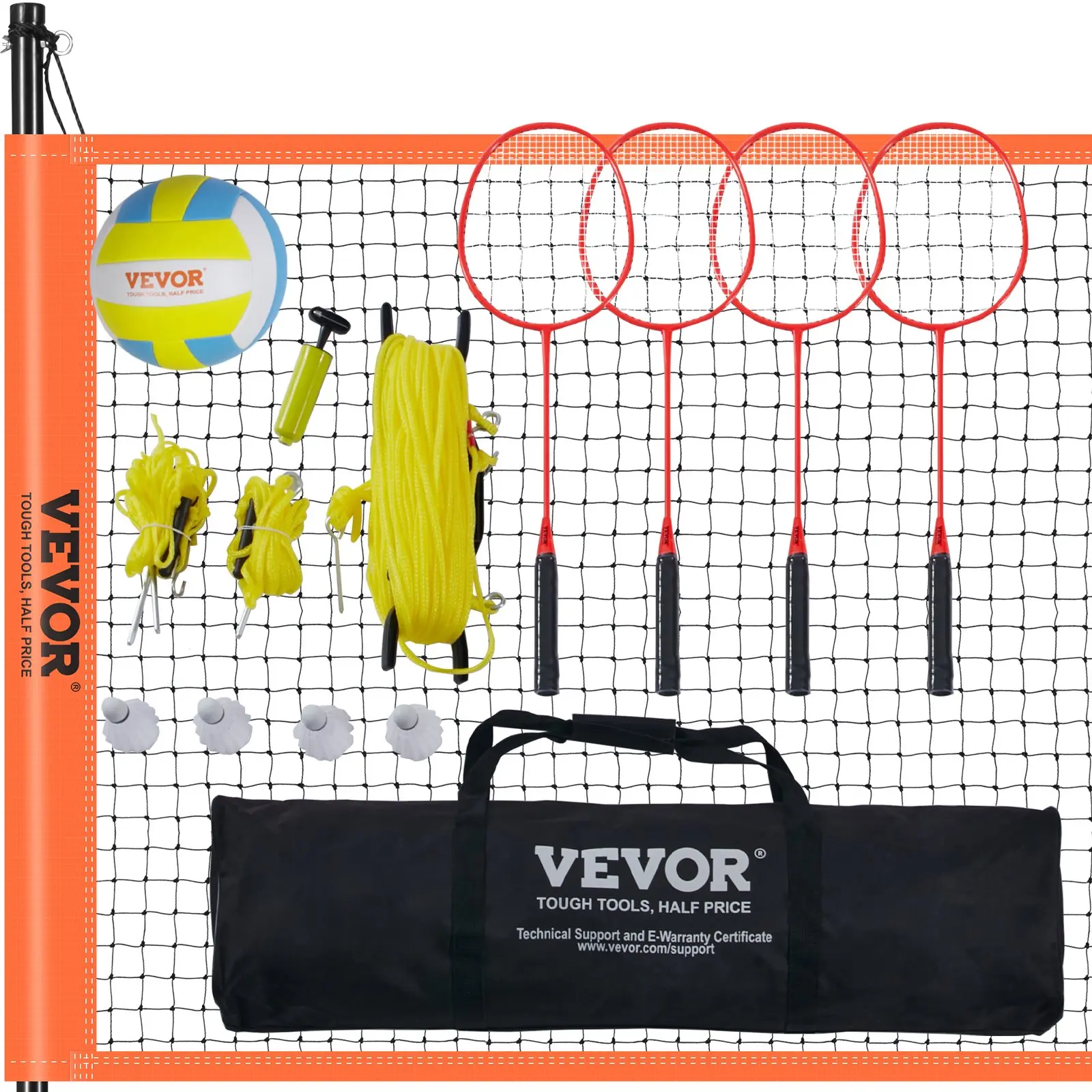VEVOR Volleyball & Badminton Combo Set, Outdoor Portable PE Cloth Badminton Net, Adjustable Height Steel Poles, Waterproof Large-Size PVC Volleyball, Pump, Carrying Bag, UV-Resistant for Backyard Beach