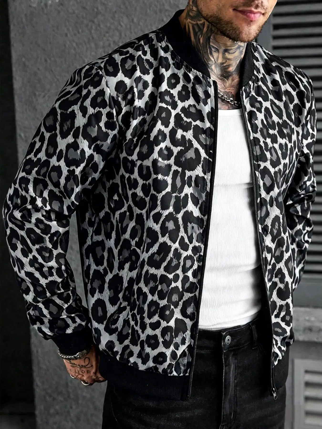 Men's Leopard Print Pilot Jacket, Casual Full-Zip Baseball Neck Lightweight Streetwear Coat, Spring & Fall Loose-Fit Graphic Jacket