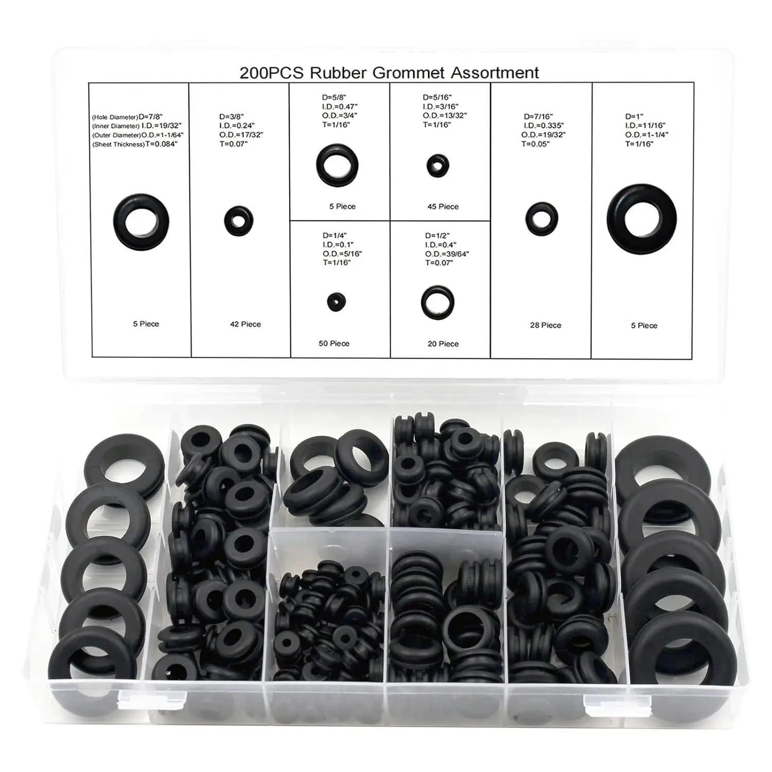 200 Pcs Rubber Grommet Assortment Kit for Wiring - 8 Sizes (1/4", 5/16", 3/8", 7/16", 1/2", 5/8", 7/8", 1") Hole Rubber Grommets for Wire ProtectionGift