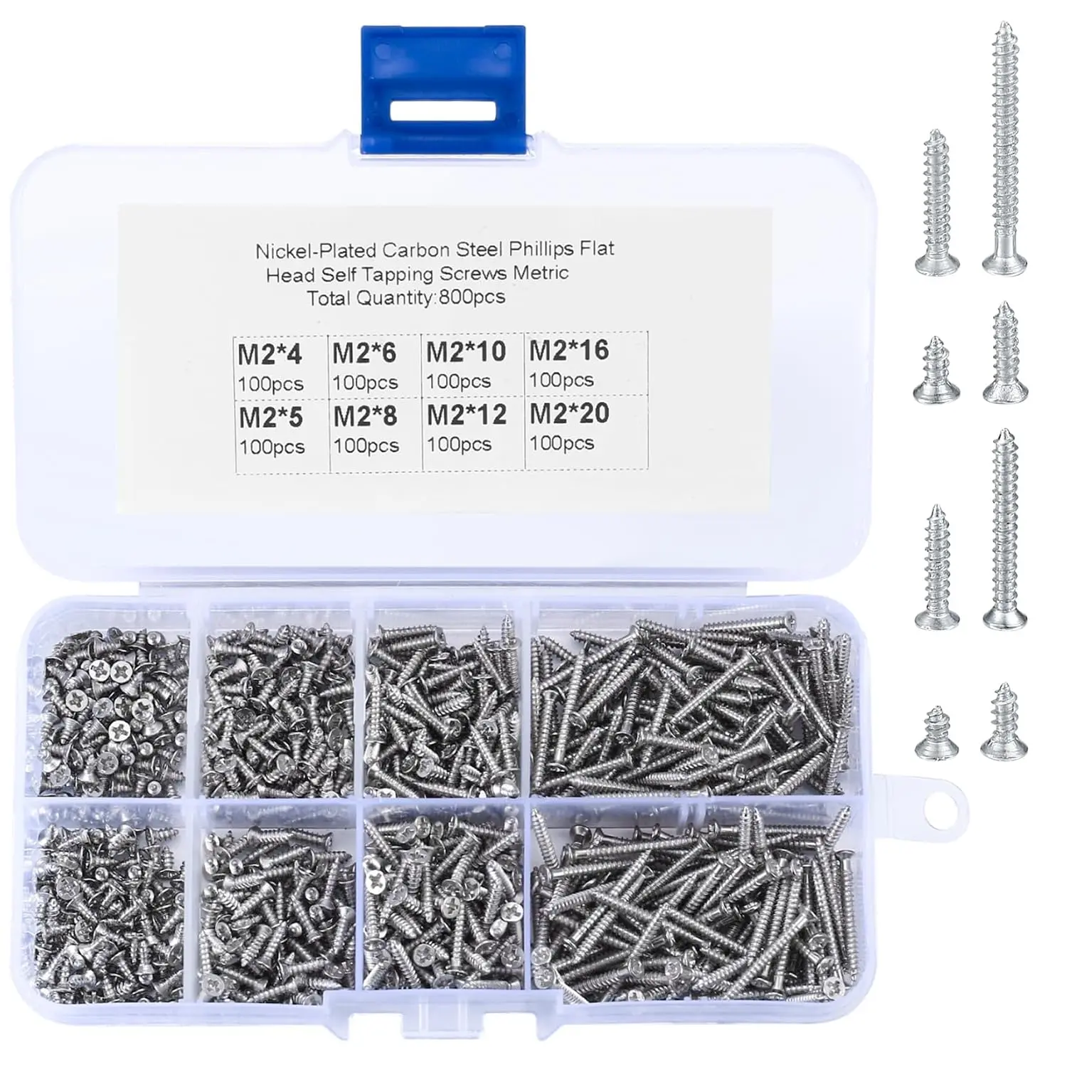 M2 Flat  Self Tapping Screws, 800 count  Drive  Self Tapping Woodworking Fastener Screws, Self Drilling Screws  Kit, 4/5/6/8/10/12/16/20mm