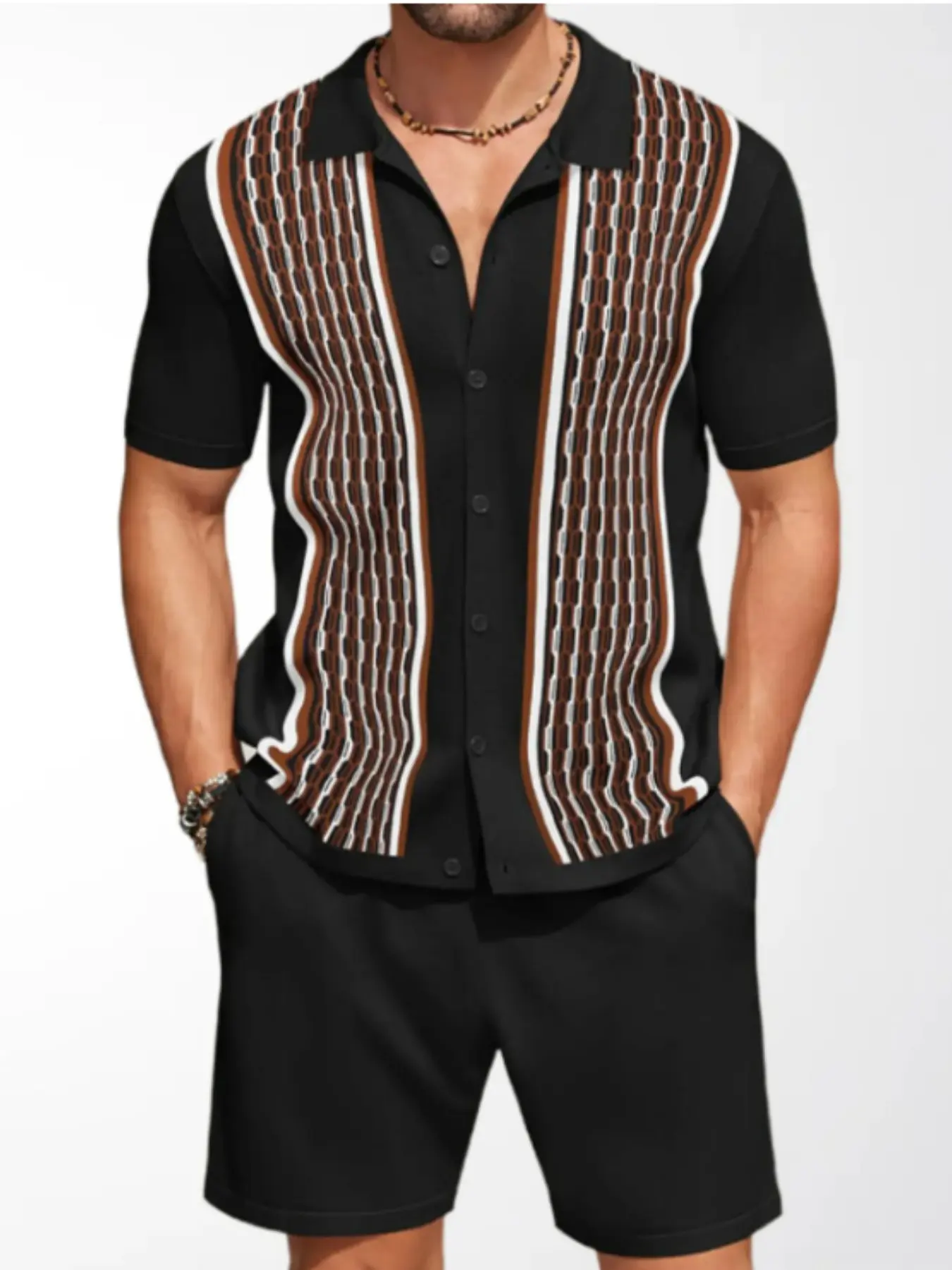 Men's Casual Knit Set Summer Short Sleeve Colorblock Jacquard Knit Cardigan Shorts Two Piece Set, Comfortable and Stylish