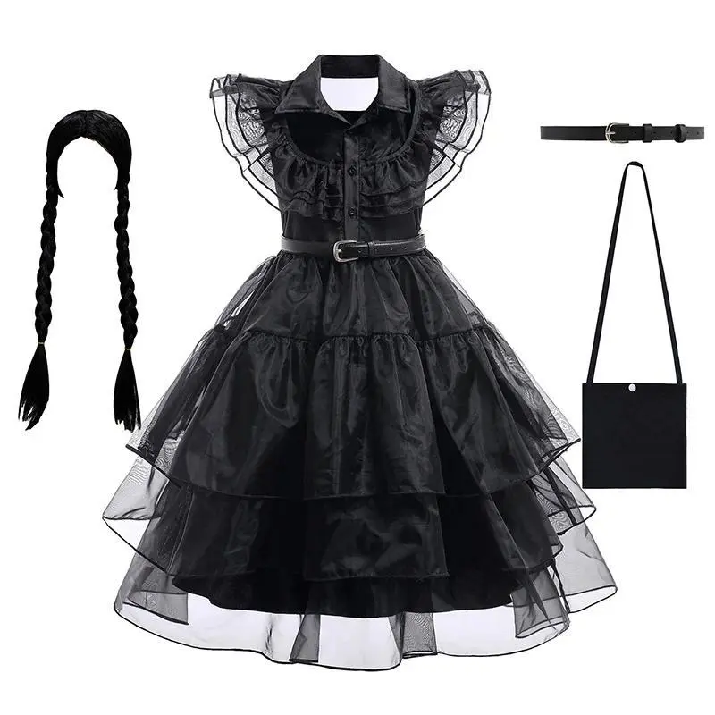 Wednesday Cosplay For Girls Costume Movie Addams Dresses for Girl Kids Mesh Party Dresses Halloween Carnival Costumes 4-12Yrs