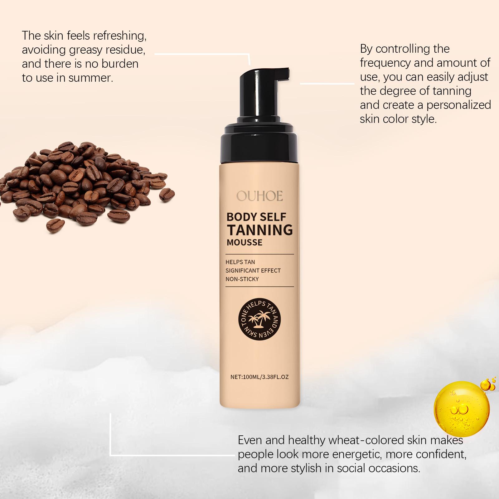 OUHOE Body Tanning Mousse, Sun-Free Indoor Self Tanner with Coffee & Coconut, Mousse Texture Streak-Free Natural Bronze, Fast Absorbing Non-Greasy Hydrating for All Skin oil shower tan self-tanning bronzing agent