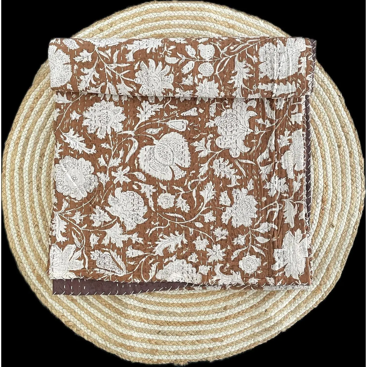 Vintage Handmade Cotton Handblock Kantha Quilting Throw Blanket Hippie Floral Bohemian Queen/King Size Bed Decor Quilt Dark Brown 60X90 inch