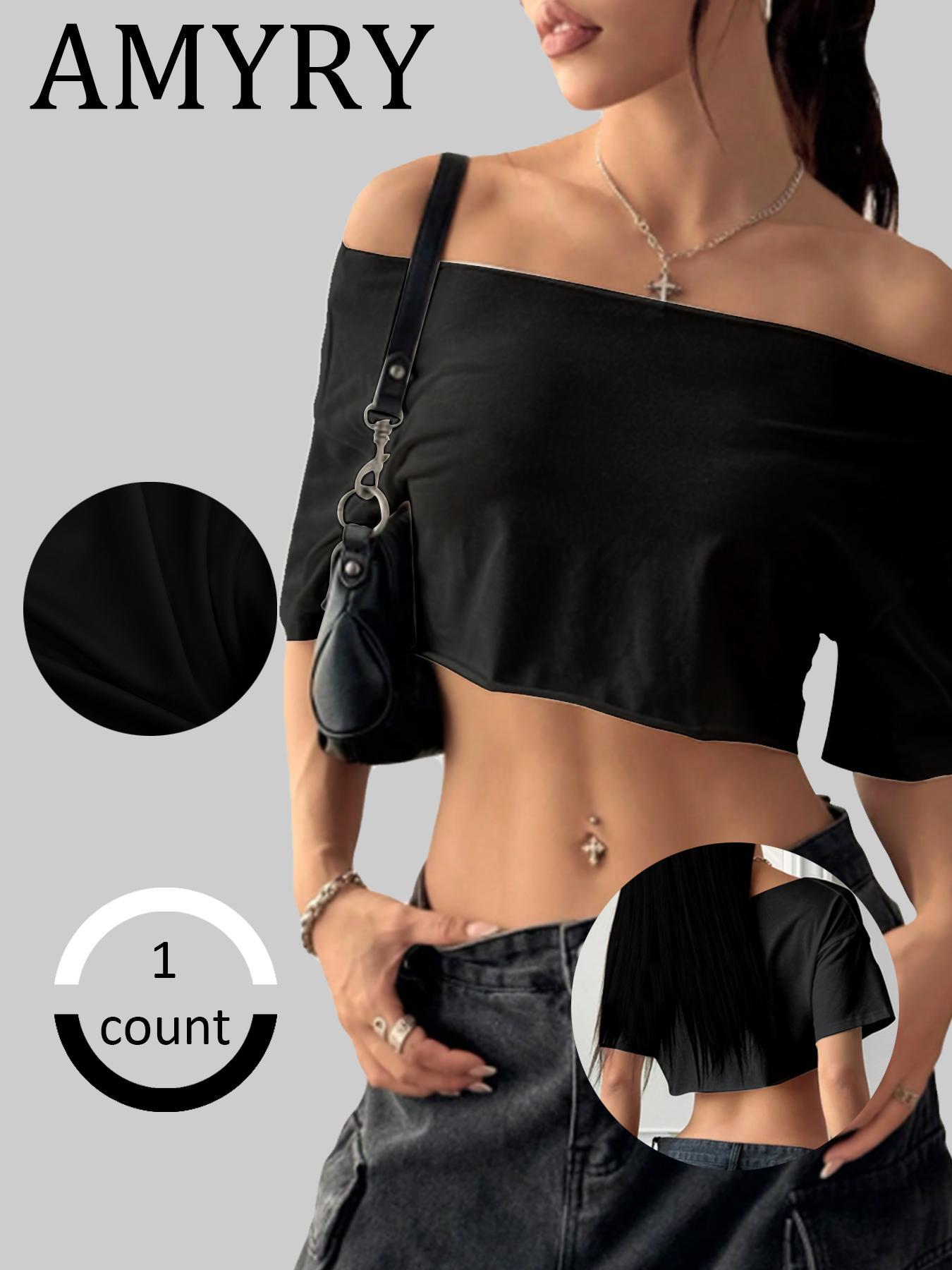 Women's Solid Color Off the Shoulder Tee, Casual Fashion T-shirt for Daily Wear, Ladies Clothes for Summer