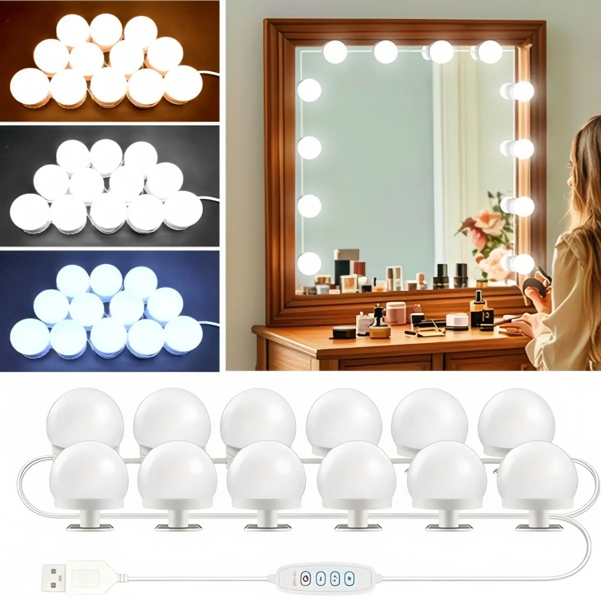 LED Makeup Mirror Light, Hollywood Style, Adjustable Color and Brightness, USB Connection, Adhesive, for Vanity Table Mirrors