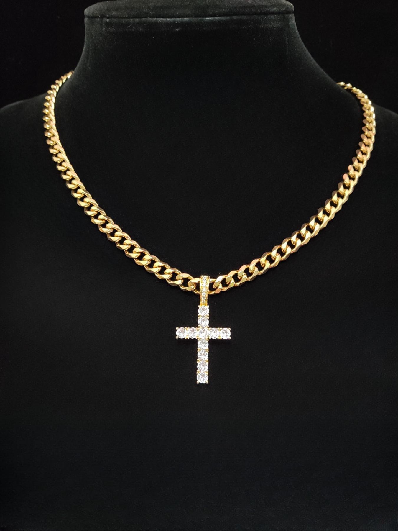 Unisex Easter Street Cross Pendant Necklace, Rhinestone Decor Cuban Chain Necklace, Cuban Link Necklace for Party & Daily Clothing Decor for Men & Women, Exquisite Jewelry for Birthday