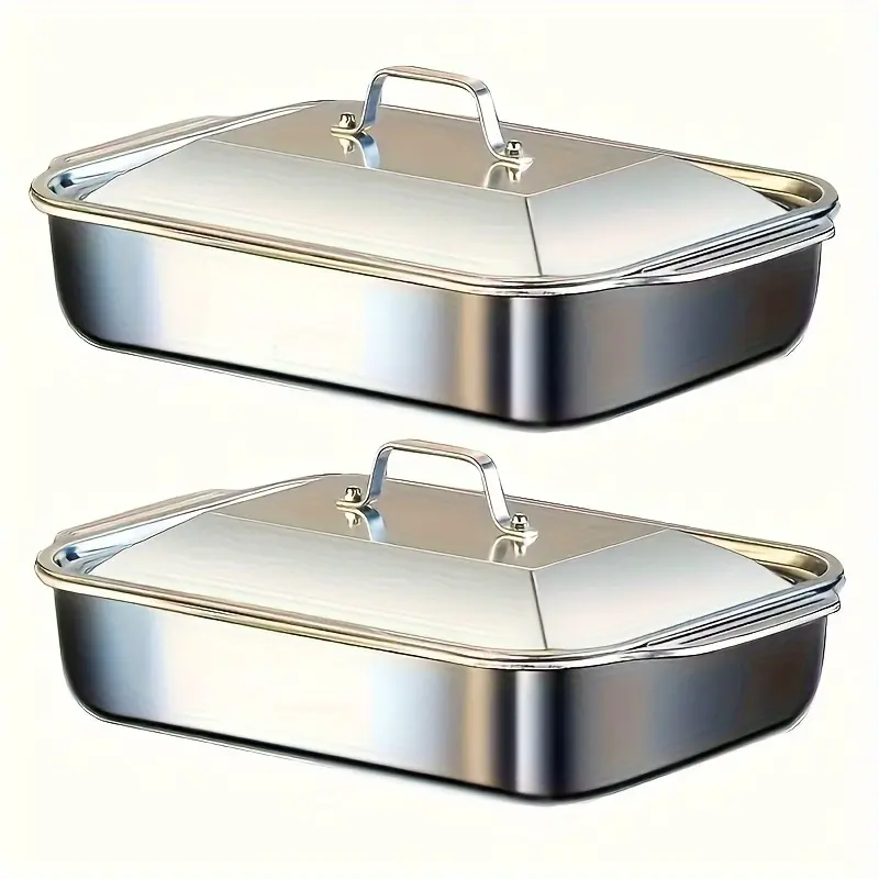 4-Piece Stainless Steel Baking Pan Set, 2 Deep Pans & 2 Lidded Pans with Handles, 6L Large Capacity 16.14 Inch Rectangular Roasting Lasagna Fish Pan, Dishwasher Safe, Great Gift for Men