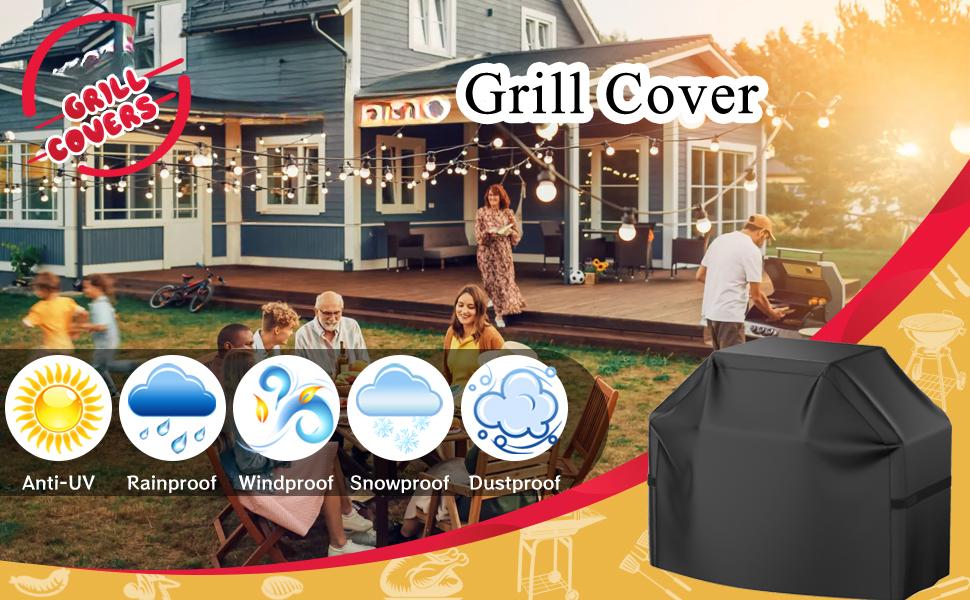 Grill Cover, 58 inch BBQ Gas Grill Cover for Outdoor Grill, Waterproof, Anti-UV, Rip-Proof, Fade Resistant Material, Barbecue Cover with Hook-and-Loop Straps & Adjustable Hem Drawstring, Black