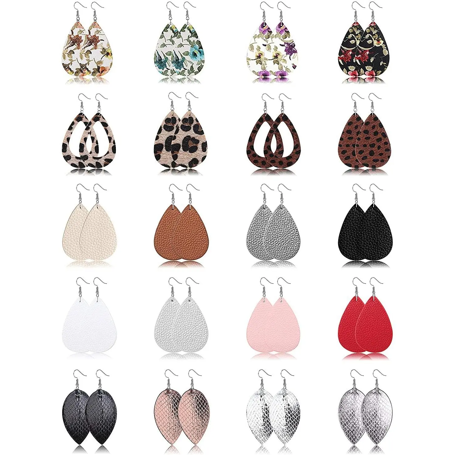 Women's Unisex 20-Pair Teardrop Leather Dangle Earrings Set, Lightweight Boho Drop Earrings with Leaf/Leopard Print, Statement Look Daily Wear Fashion Jewelry Gift, Leaf Print