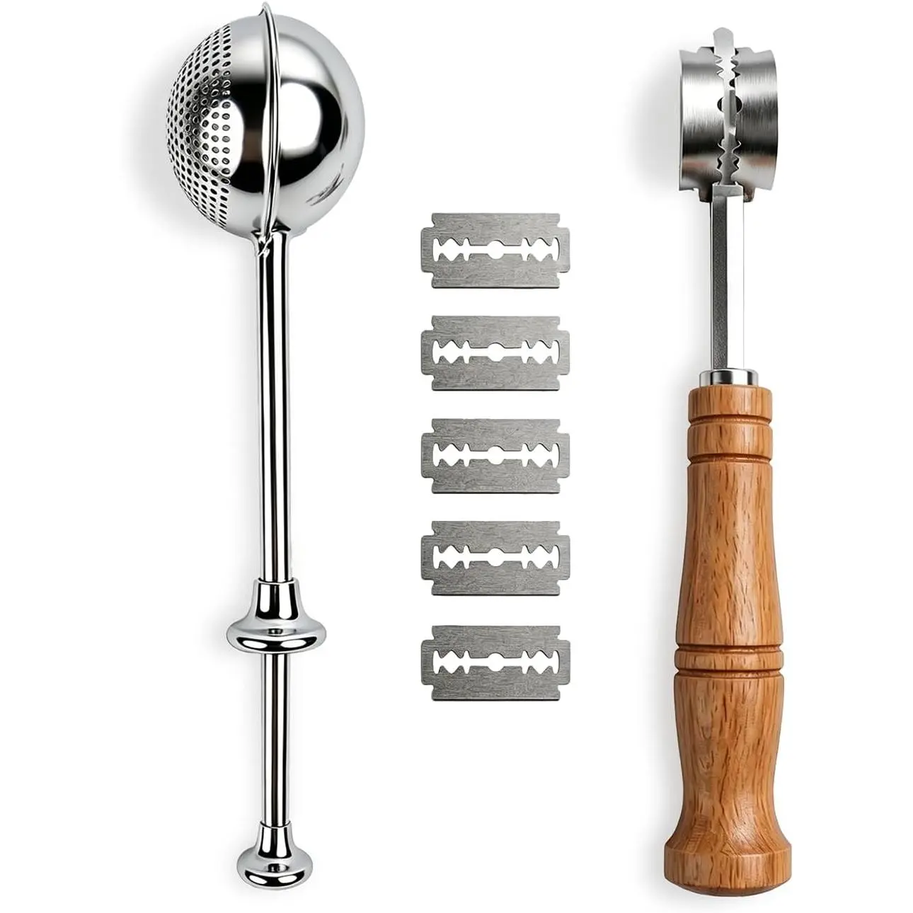 Bread Lame and Flour Duster Set, 304 Stainless Steel Bread Scoring  | 5  & Leather Cover, Professional Sourdough Baking Supplies