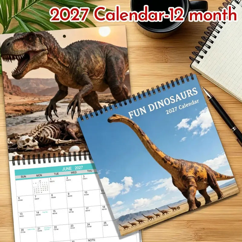 (Upgraded thick paper, high-quality printing) 2027 Fun Dinosaur Aesthetic Design Foldable Wall Calendar Planner, 12-month large grid layout, monthly photos and cover, suitable for home, office, and daily planning. An ideal Christmas and New Year gift. Mon
