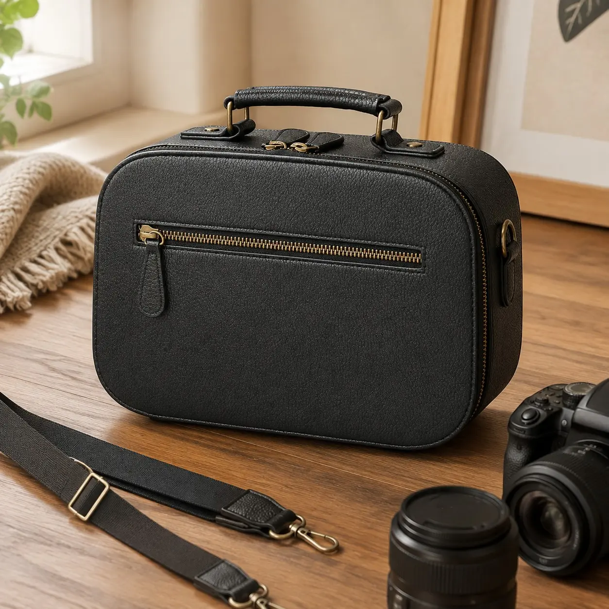 Camera Sling Bag, Waterproof PU Leather Crossbody Camera Bag for Photographers, Small Shockproof Case with Removable Dividers for DSLR/SLR/Mirrorless, 4L Black