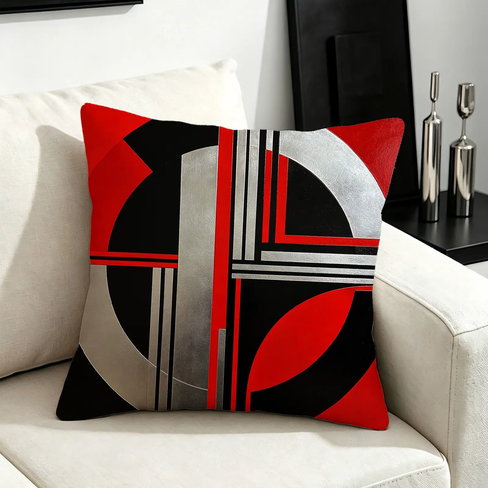 Industrial Red Black Geometric Metallic Square Throw Pillow, 45×45cm With Insert, Waist Support Cushion For Sofa Window Cafe Patio, Multi Colors, Unique Decor Gift, Patio Couch Cushions
