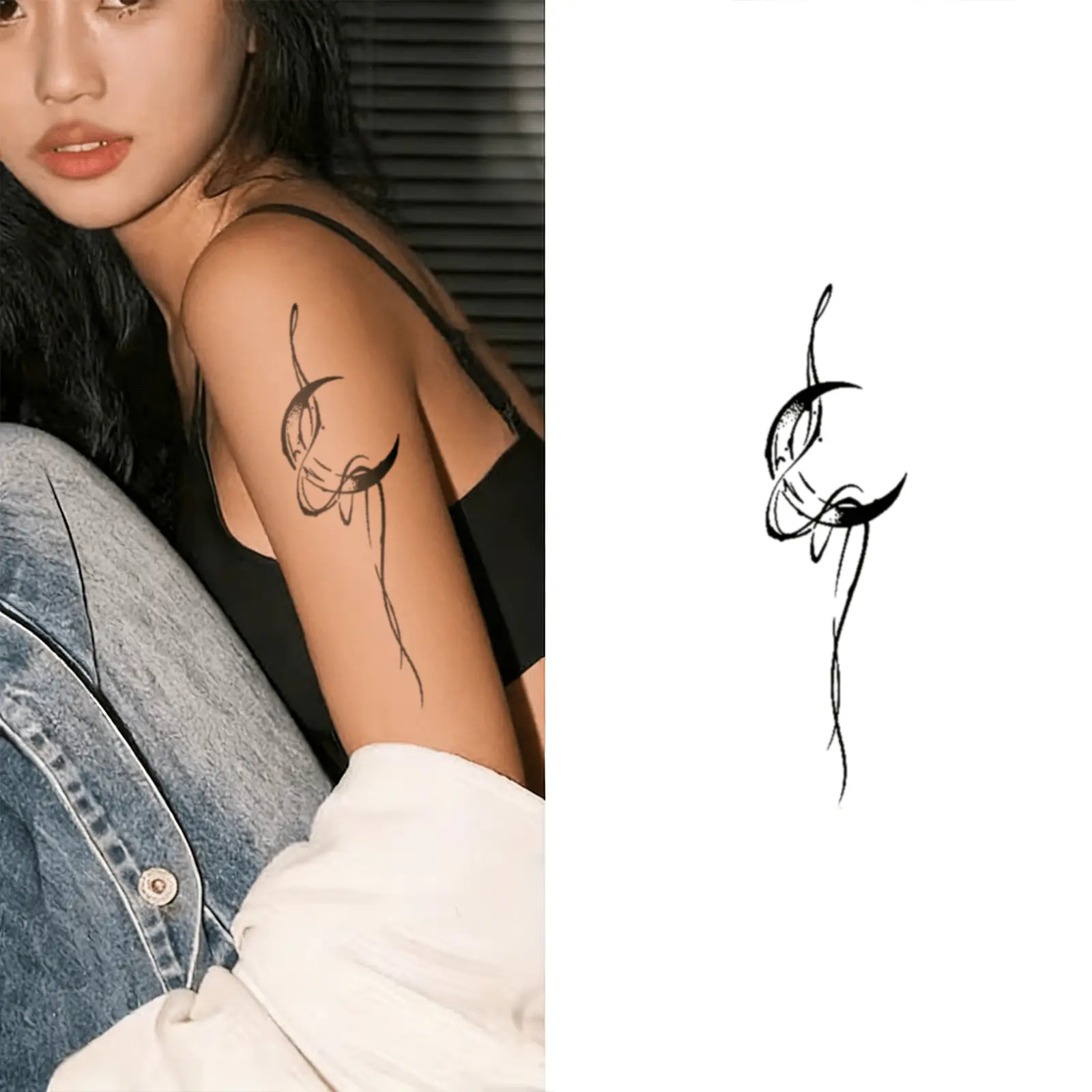 Abstract Crescent Moon Temporary Tattoo - 6.4-In Celestial Fine Line Body Art Sticker for Arm, Spine, Thigh