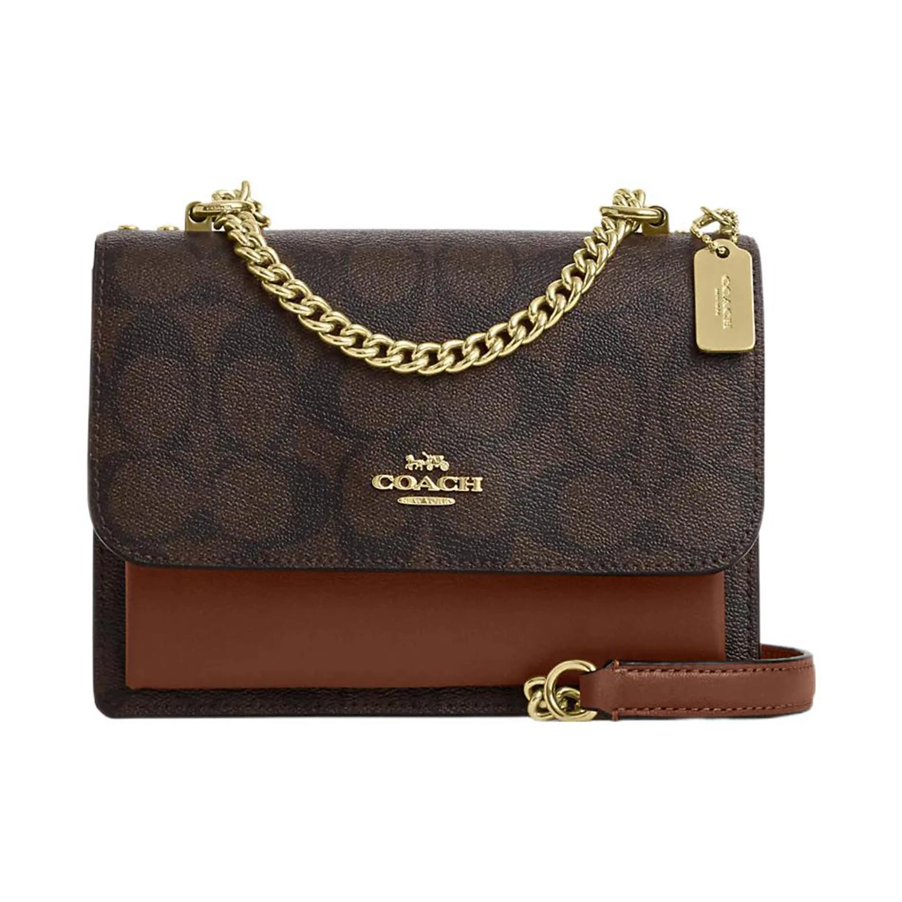 COACH Klare 18 Classic Monogram Flap Crossbody Bag for Women – Redwood and Brown Canvas with Leather Trim