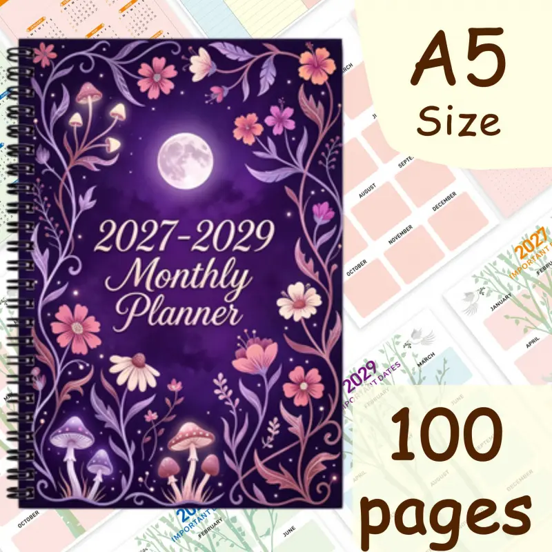 A 2027-2029 planning notebook - Weekly and monthly plan target list - Monthly calendar notebook - Spiral-bound hardcover - Floral, mushroom, and moon patterns - Suitable for universities and offices - Planning manual