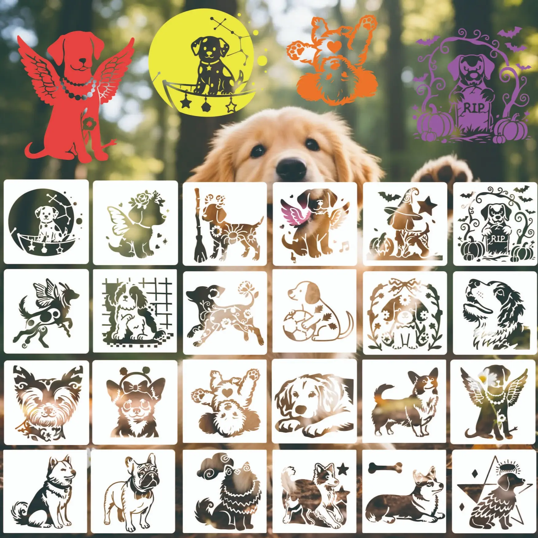 Reusable Dog Templates for Crafts, 24 Sheets (5.9x5.9 Inches), DIY Art Painting Kit, Furniture Decoration, Wood Embroidery, Wall Stencil, Journal