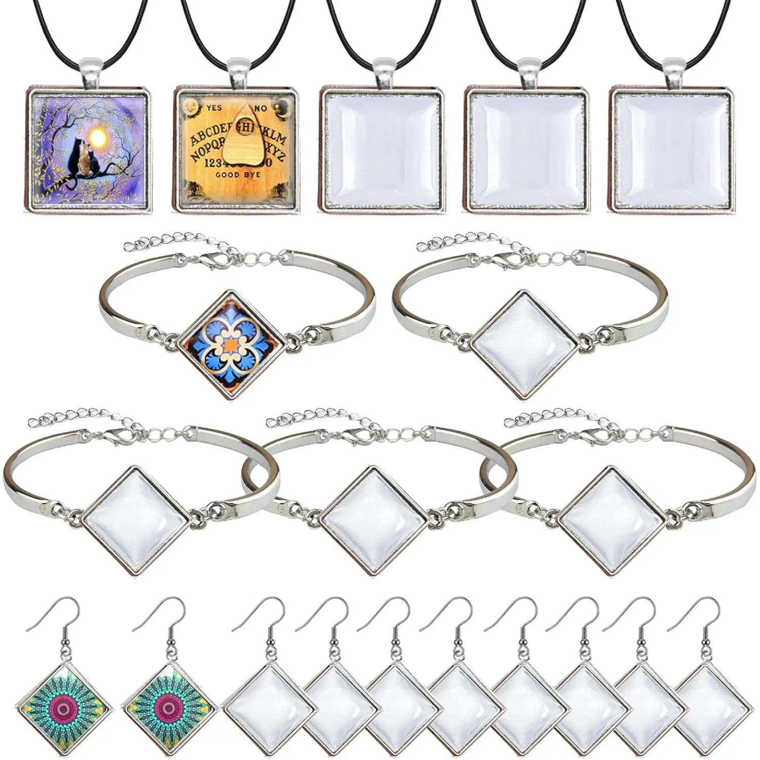 Pendant Trays Kit with Cabochon Glass, Square Pendant Bezel Trays Bracelet Blank Bangles Earrings Hooks Blanks for DIY Photo Cameo  Making Crafts