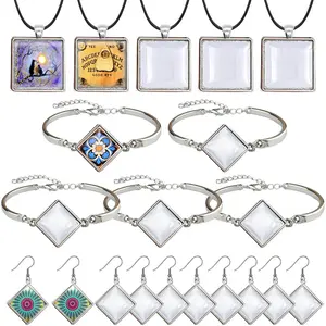 Pendant Trays Kit with Cabochon Glass, Square Pendant Bezel Trays Bracelet Blank Bangles Earrings Hooks Blanks for DIY Photo Cameo  Making Crafts