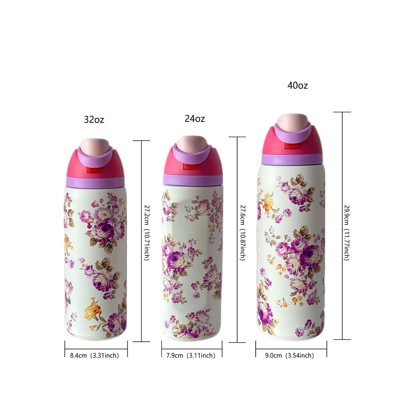 Floral Pattern Vacuum Flask, 1 Count 24oz/32oz/40oz Stainless Steel Insulated Water Bottle with Straw, Drinking Cup for Home Office School Outdoor, Drinkware Thermo Tumbler, Tumbler with Lid