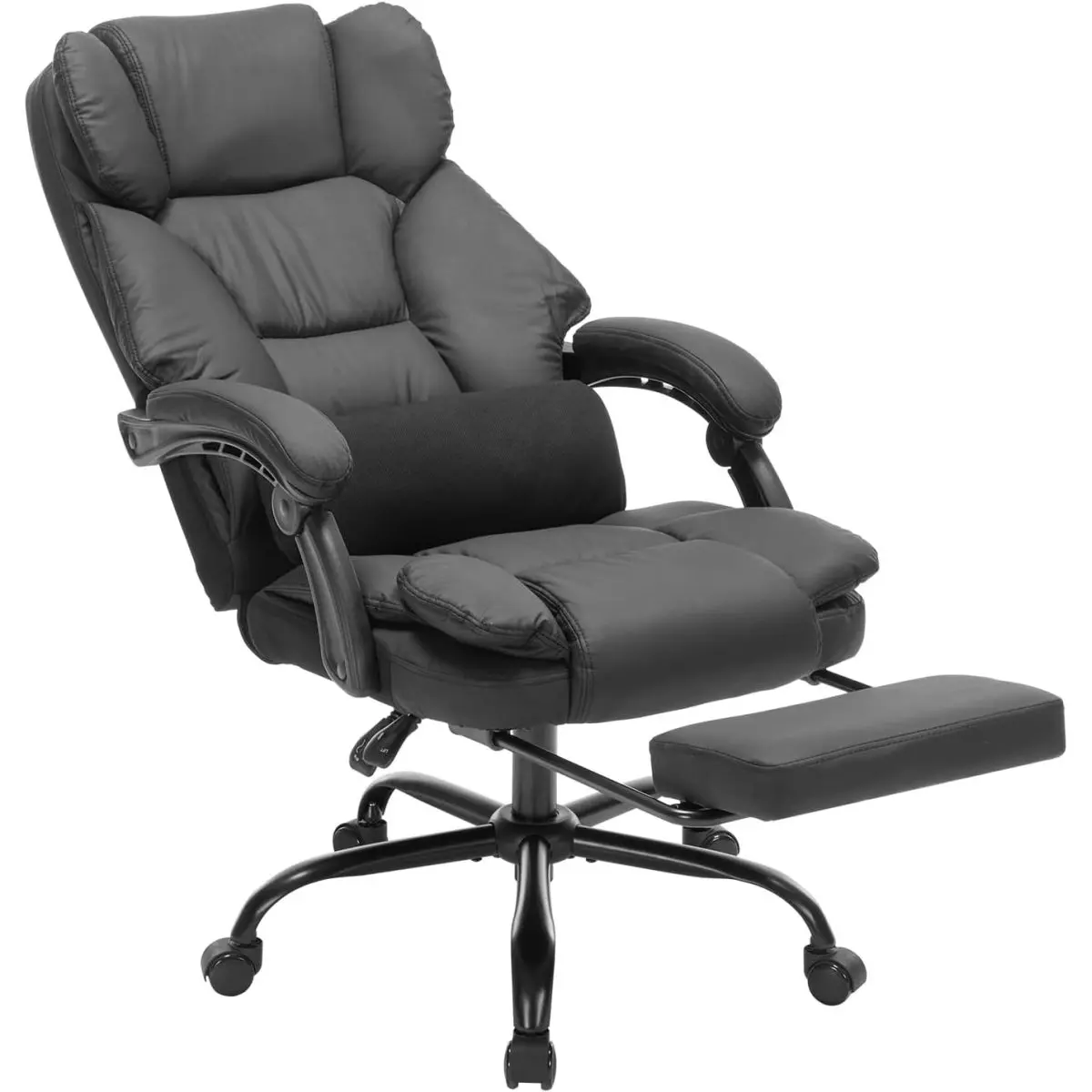 400LBS Black Reclining PU Leather Executive Office Chair with Retractable Footrest, 360° Swivel Height Adjustable Ergonomic Computer Desk Chair with Lumbar Pillow