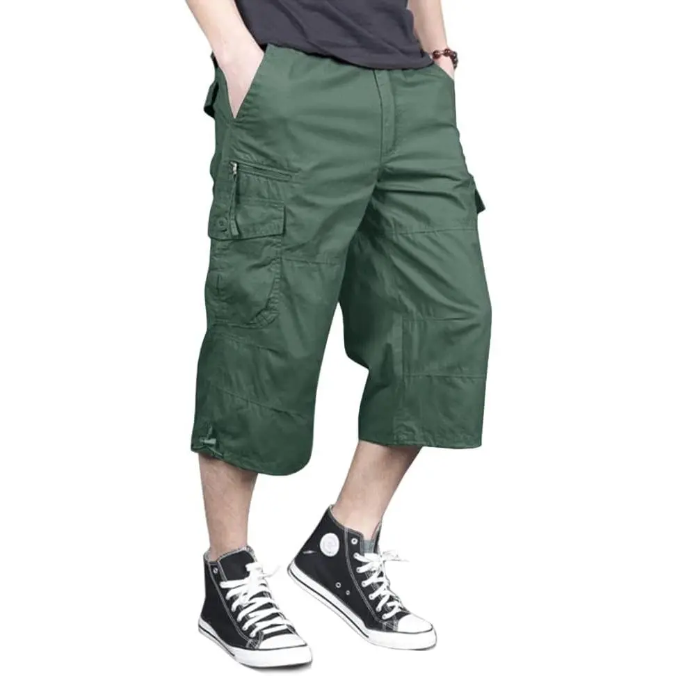 Men's Capri Long Elastic Cargo Shorts Below Knee Shorts 3/4 Cotton Cargo Casual Shorts with Multi-Pockets