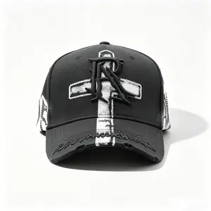 Dark Gothic Thorn R Cross 3D Embroidery Baseball Cap Spray Paint Effect Distressed Ripped Brim Adjustable Hip Hop Streetwear Hat for Men Women