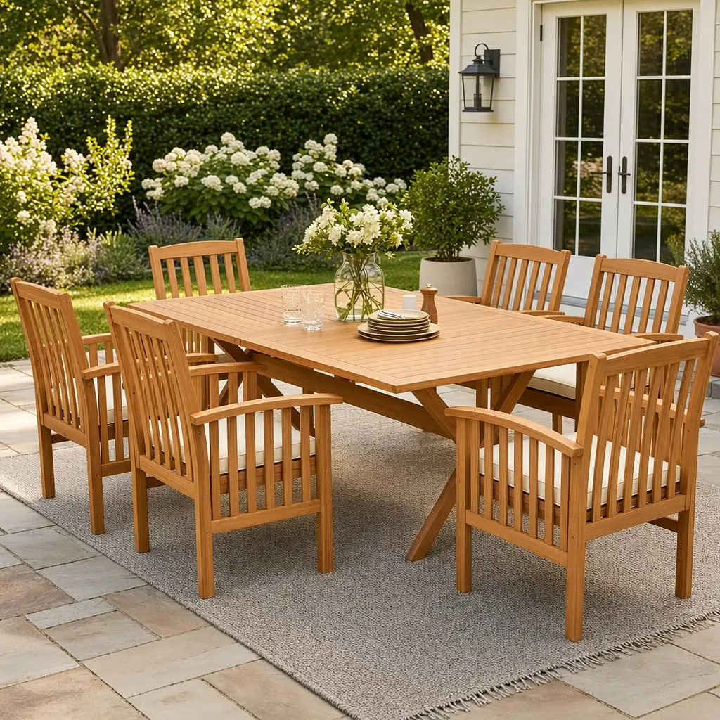 ARCH 7 Piece Acacia Wood Outdoor Dining Set with Expandable Table and 6 Chairs with Cushions, Teak Finish Patio Furniture Set for Garden, Backyard, Lawn, Deck, Poolside, Seats 6, Brown/Cream/Teak Options, Brown/Cream/Teak Color Options
