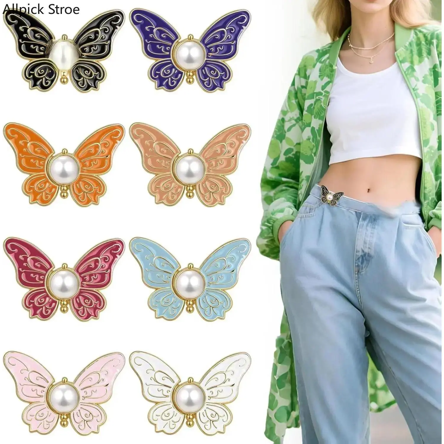 Premium 8-Pack Adjustable Butterfly Jean Buttons - Reusable, No-Sew Detachable Metal Waist Tighteners, Button Detailing Charms & Twillies for Loose Denim Pants - Instant Fit Fix, Belt Clip Charms & Twillies, Design, Durability, 8 Pairs, Cost-Effective Sol