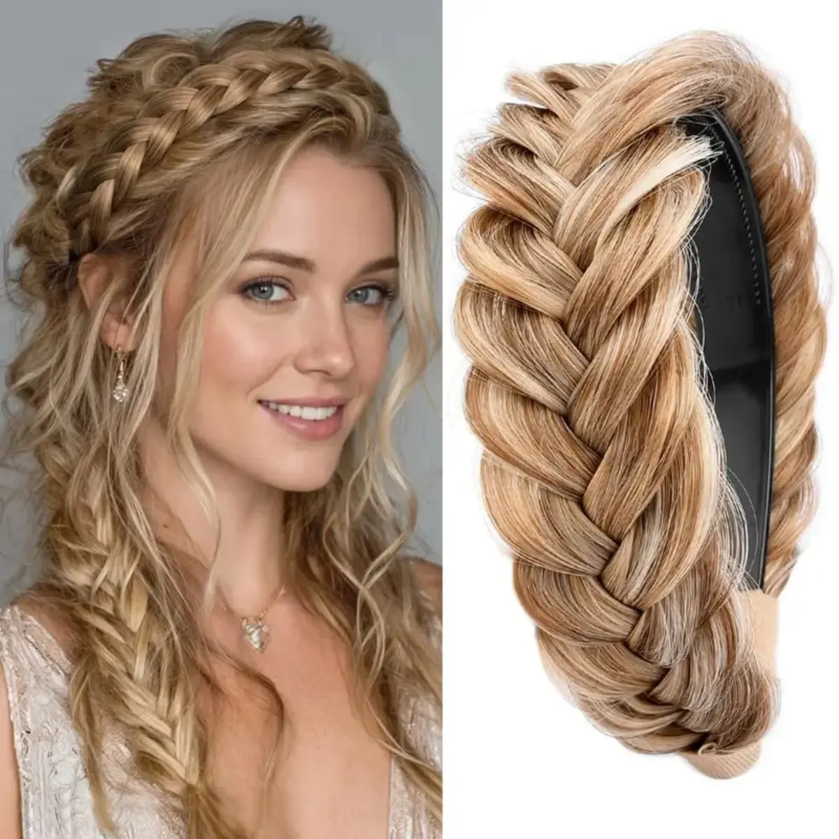 Women's Wide Fishtail Braided Headband with Teeth - Chunky Plait, Elastic Band, Synthetic Fiber, Unisex, High Elasticity Hairpiece, Cute Y2K Coquette Accessory, Medium Brown, One Size