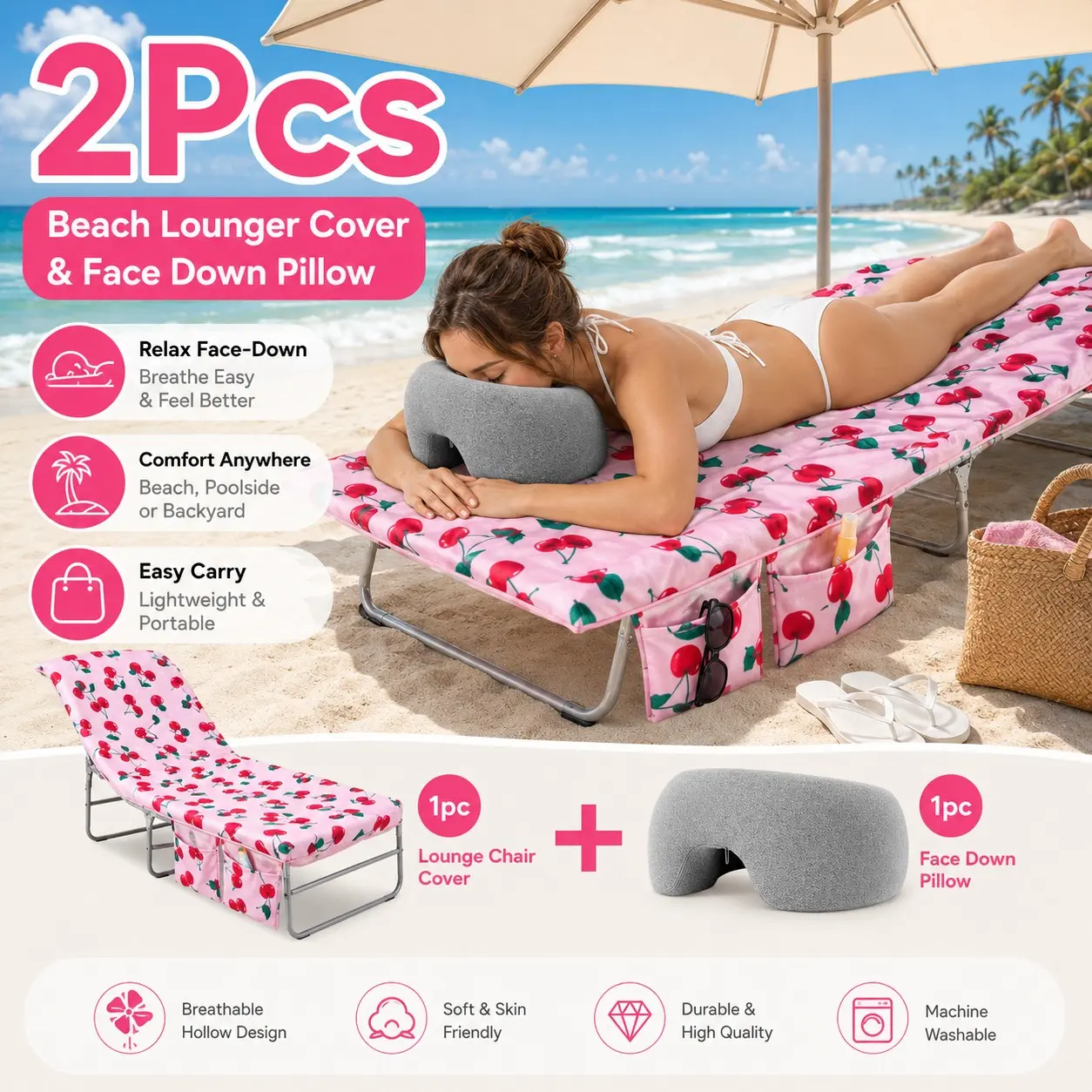 2pcs Beauty Salon Cushion Pillows + Beach Lounge Cover Set, Ergonomic Headrest, Memory Foam, Dust-Proof & Waterproof, Ideal for Travel & Home Spa