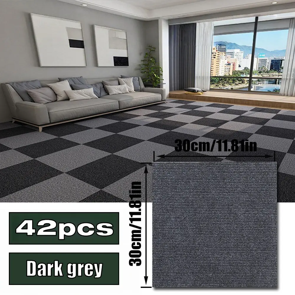 42 Pieces Self-Adhesive Carpet Tiles, Non-Slip Square Floor Patches, Durable Stain-Resistant, Ideal for Living Room, Bedroom, Public Spaces