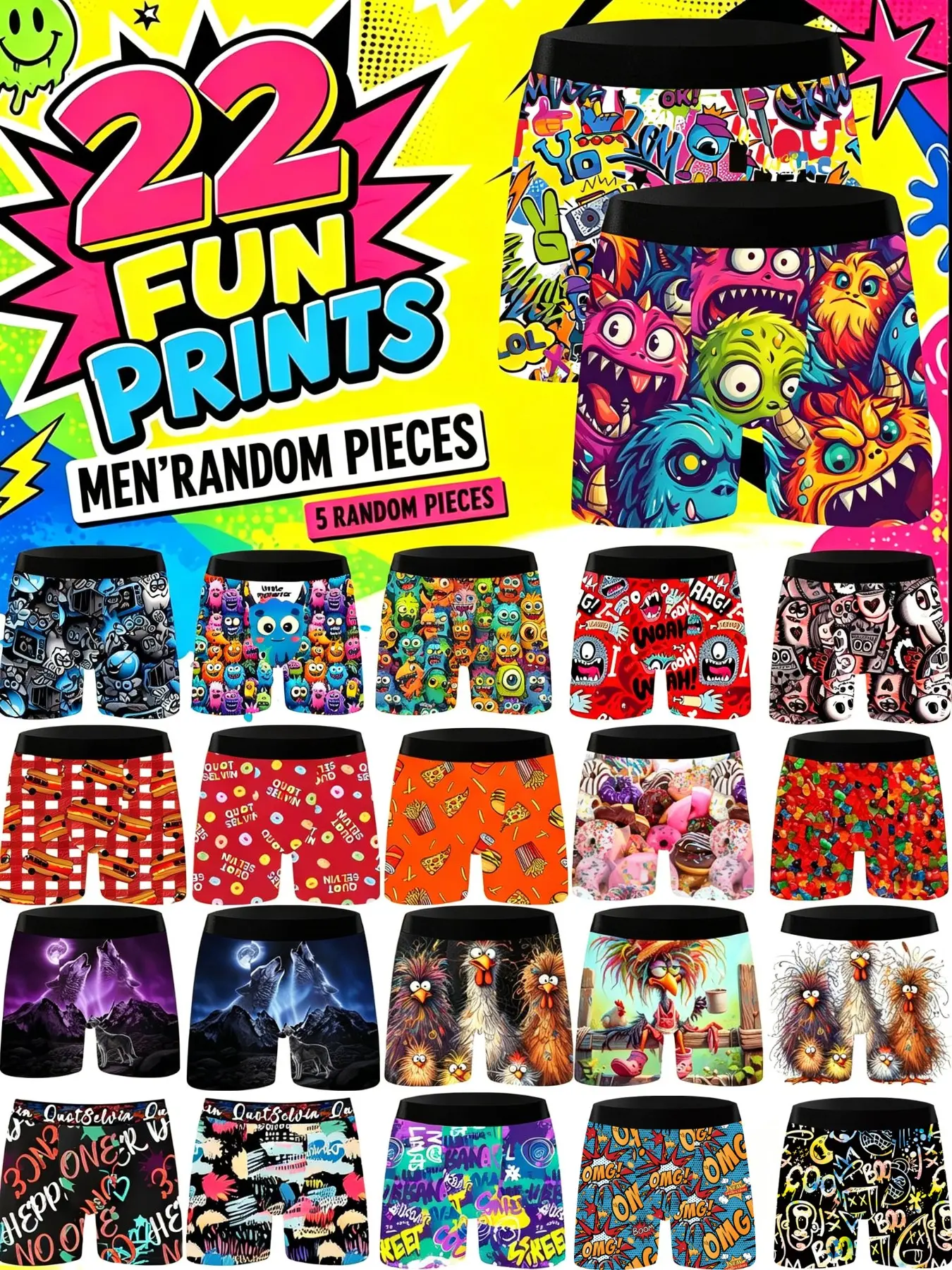 Random 5-Pack Men's Briefs, Fun Pop Art Prints, Novelty Print Briefs, Comfortable Breathable, Casual Comfy Underwear, Daily Home Beach Swim Sport Underwear, Gift for Brother/buddy/husband