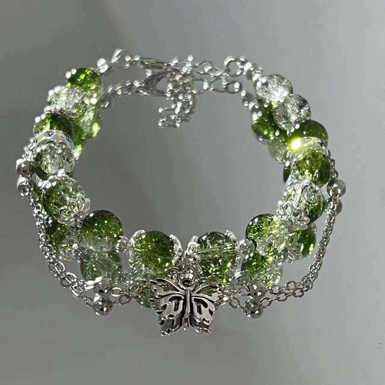 Green Cracked Glass Bead Bracelet with Butterfly Pendant Women's Jewelry Gift
