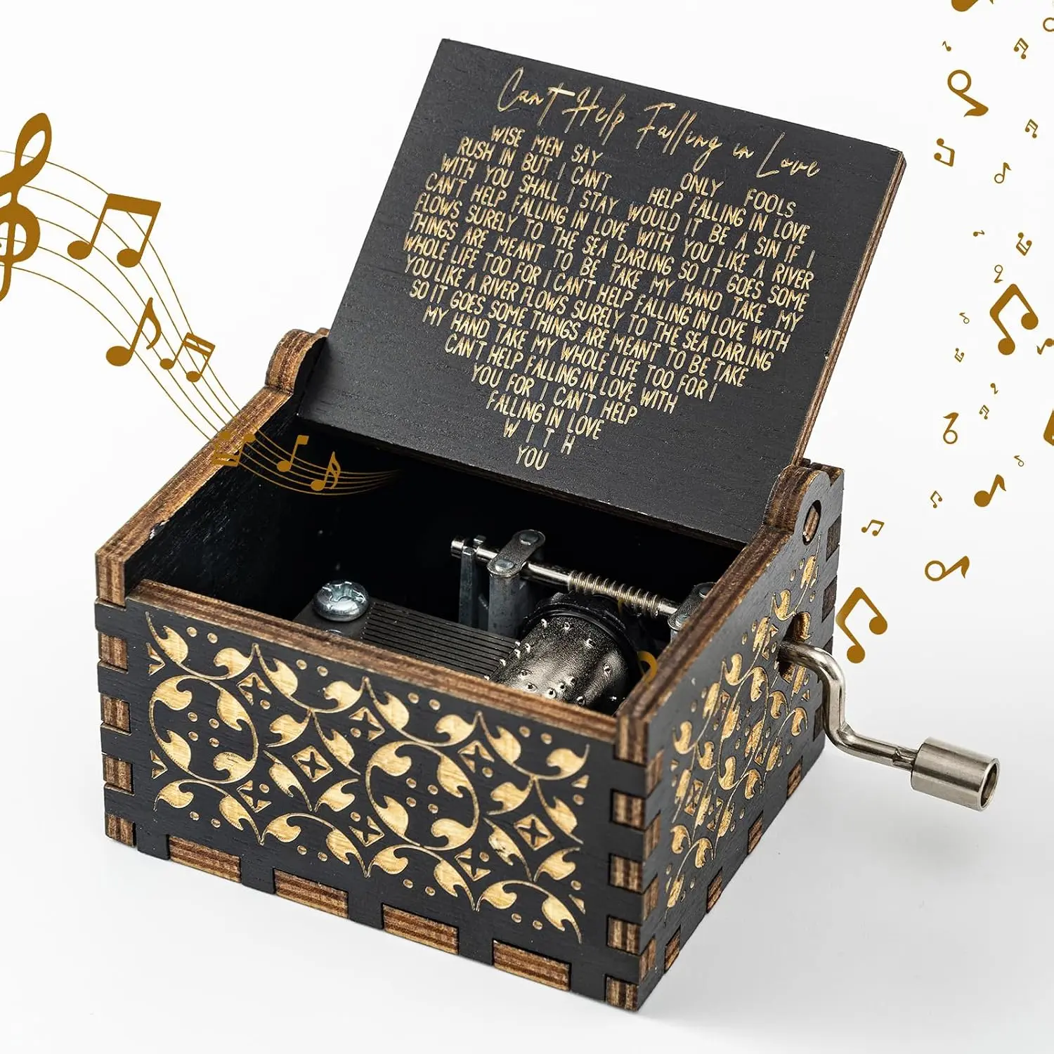 Antique Hand-Cranked Carved Wooden Mechanical Music Box - Magical "Can't Help It" Love Song Design, Home Decor for Bedroom Table, Birthday Anniversary Gift for Boyfriend