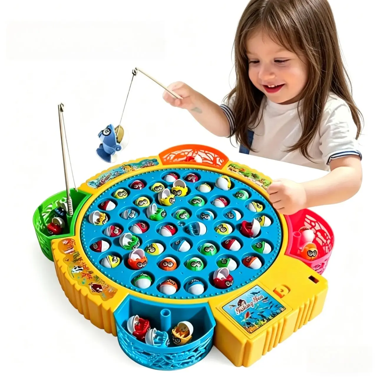 Plastic Unisex Magnetic Rotating Board Fishing Game - 45 Fish, 8 Rods, Detachable Basket, Musical Interactive Toy, Family Fun Game, Fine Motor Skills Practice, Boring Time Activity, Tabletop Christmas/Children's Day Gift, Helps Spend Boring Time