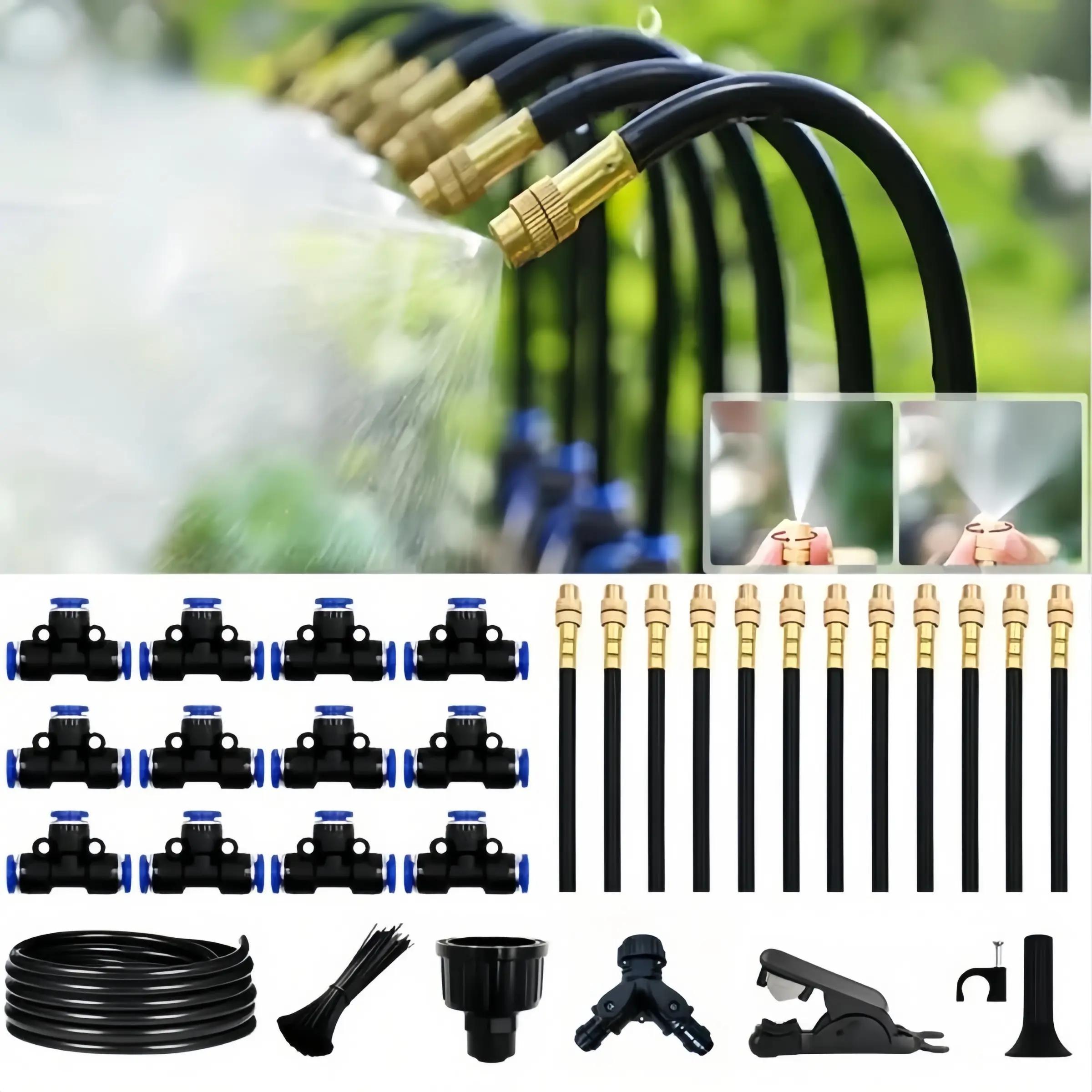 DIY free-bending drip irrigation kit, with brass Adjustable Hose Sprayer nozzle of 5-30m water pipe, automatic watering system, with 7.87-inch rotating brass spray nozzle, for spraying water on balconies, rainforests and gardens.