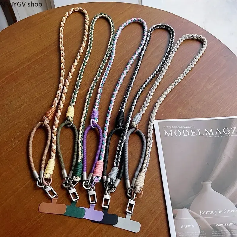 Phone Lanyard In Trendy Solid Color 4-Strand Braided Texture, Adjustable Crossbody & Neck Hanging Strap Matched With Short Wrist Chain, Anti-Lost Universal Accessory Compatible With All Smartphones For Daily Commute, Travel And Outdoor Activities