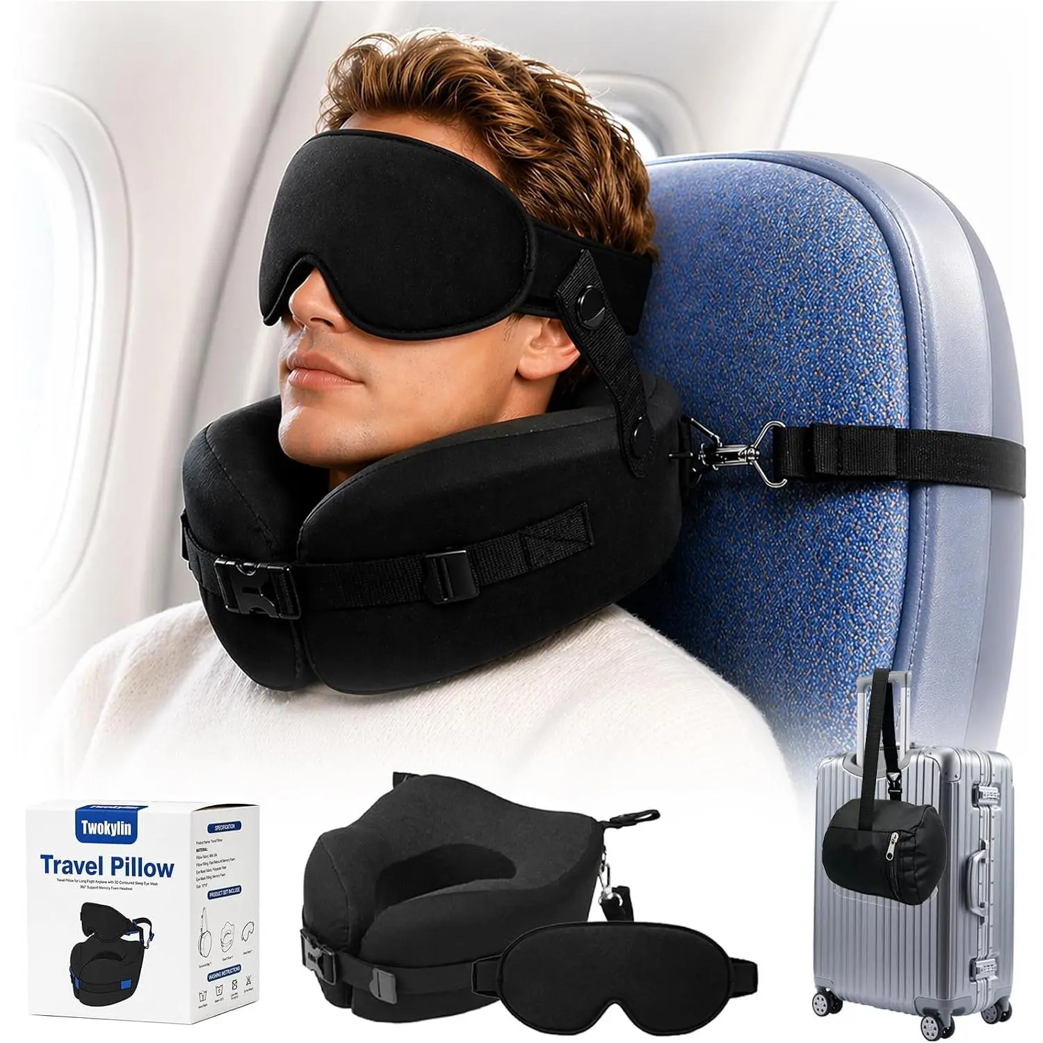 Travel Neck Pillows for Airplanes with Seat Strap Eye Mask| 360° Ergonomic Neck Pillows, Removable Washable Cover, for Plane Car Office Travel, Lightweight Sleep Accessory
