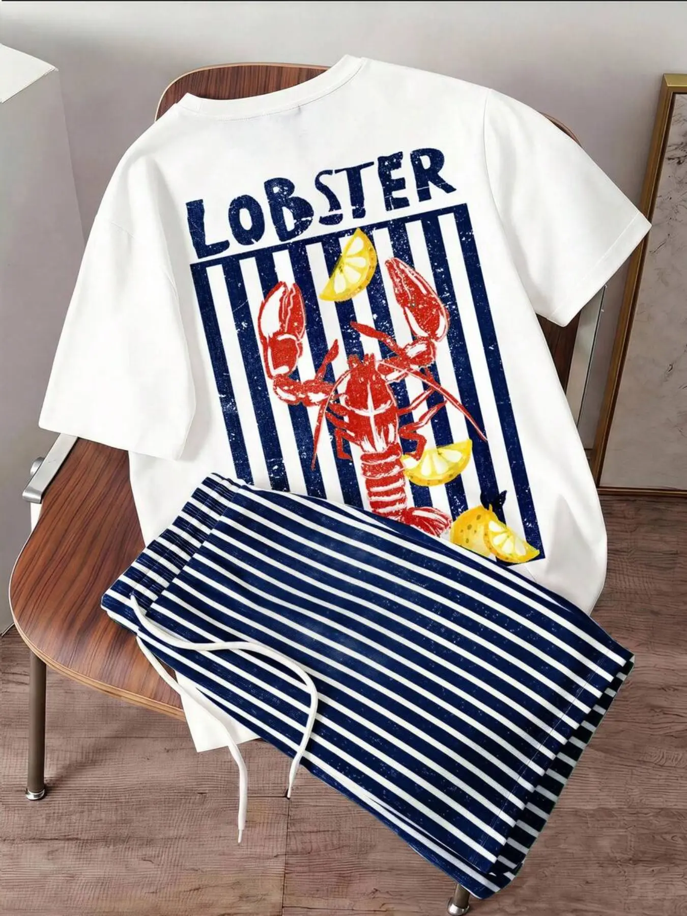 American Seafood Theme Casual Suit, Lemon Lobster Backprint, Vacation Couple, Fitted Style, Unlined, No Collar