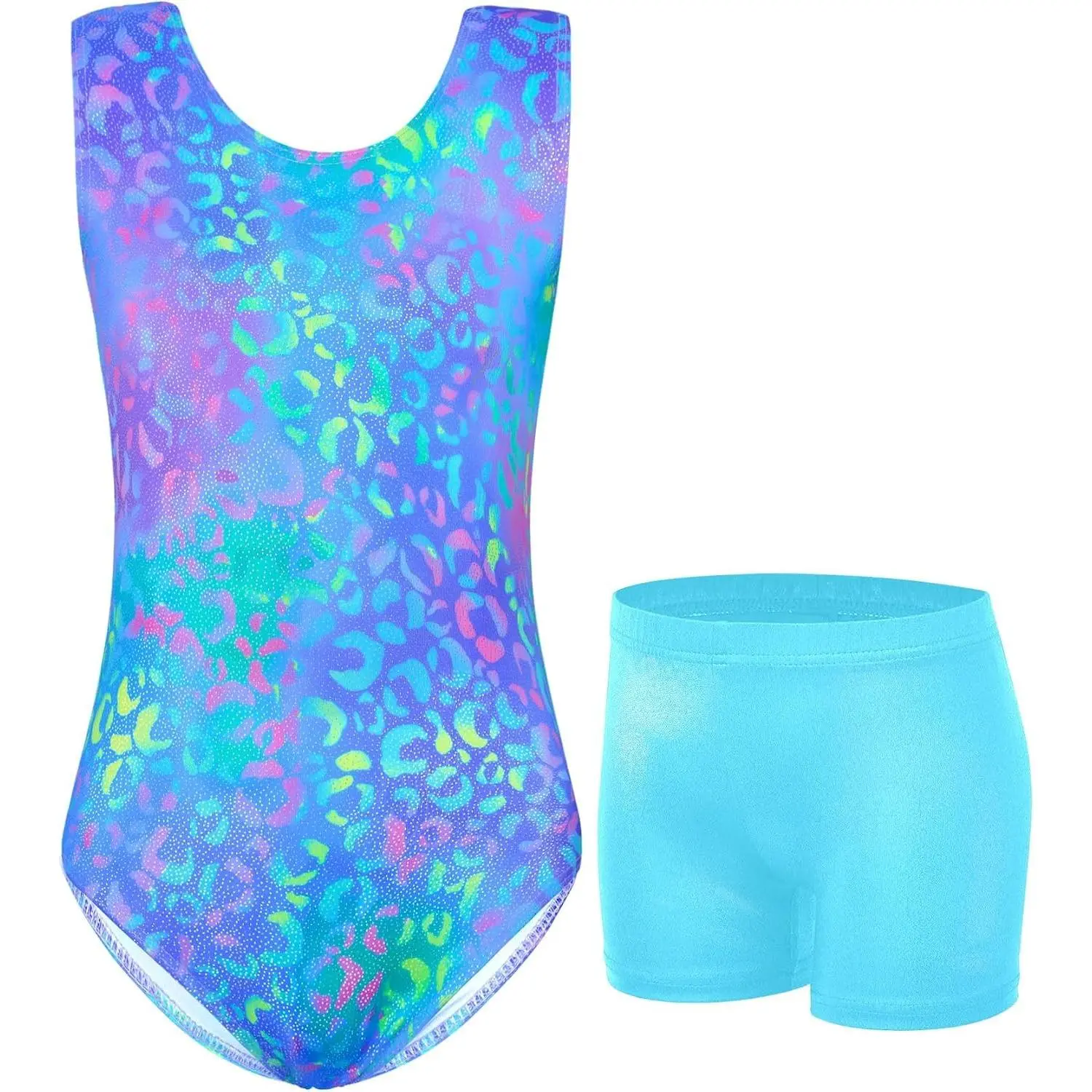 Gymnastics Leotards for Girls - 2 Piece Shiny Sleeveless Outfit with Gym Shorts for Little Kids (4-12 Years)